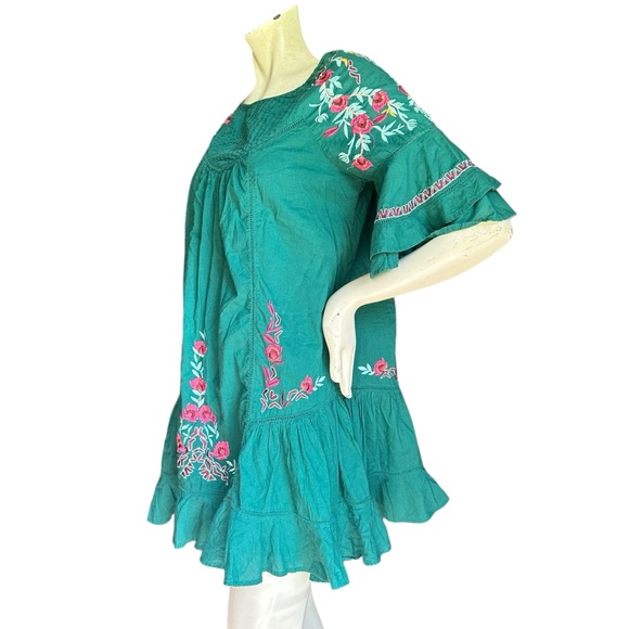 Free People Green Embroidered 3/4 Bell Sleeve Babydoll Boho Mini Dress Small - Picture 8 of 13